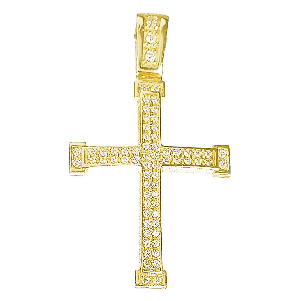 Σταυρός Γυναικείος Κίτρινος Χρυσός Διπλής Όψεως με zircon χωρίς αλυσίδα κ14 Gatsa κωδ ΣΤ3666