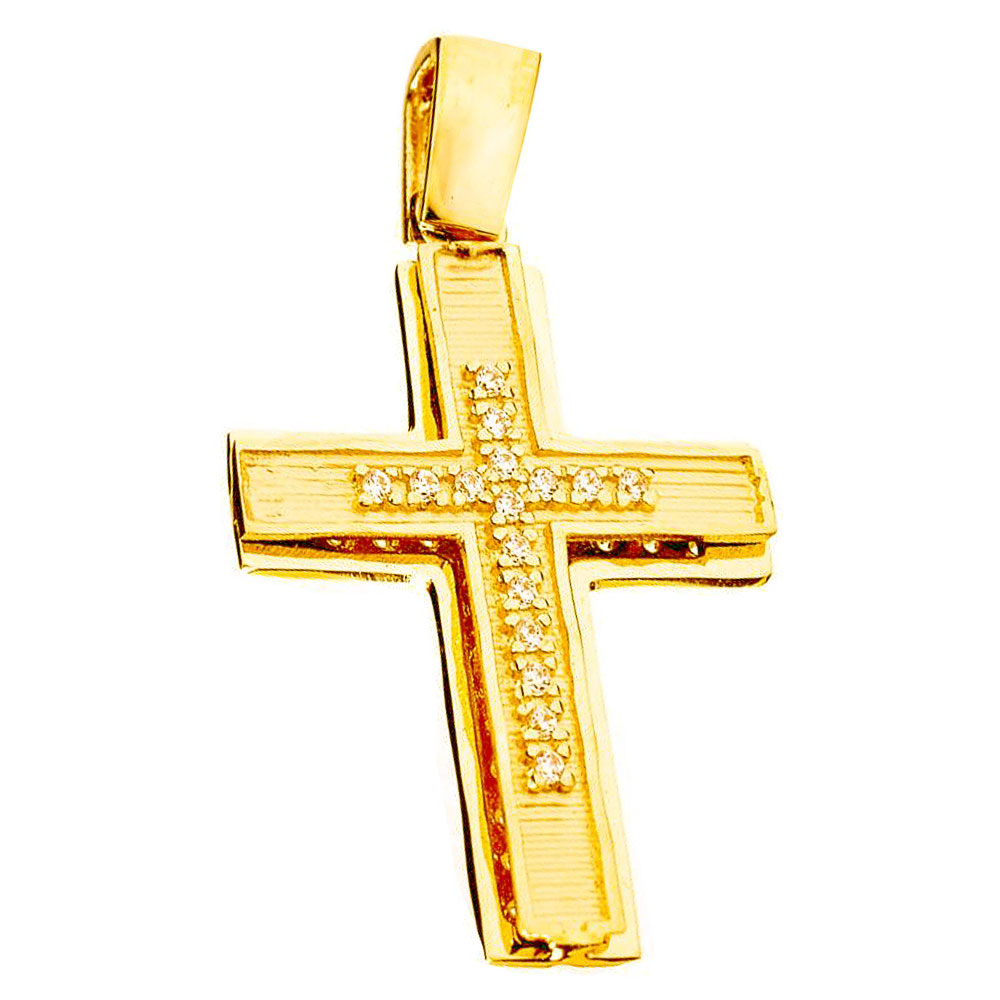Σταυρός Γυναικείος Δίχρωμος με Ζιργκόν άσπρα Διπλής Όψεως χωρίς αλυσίδα κ14 Gatsa ΣΤ3713
