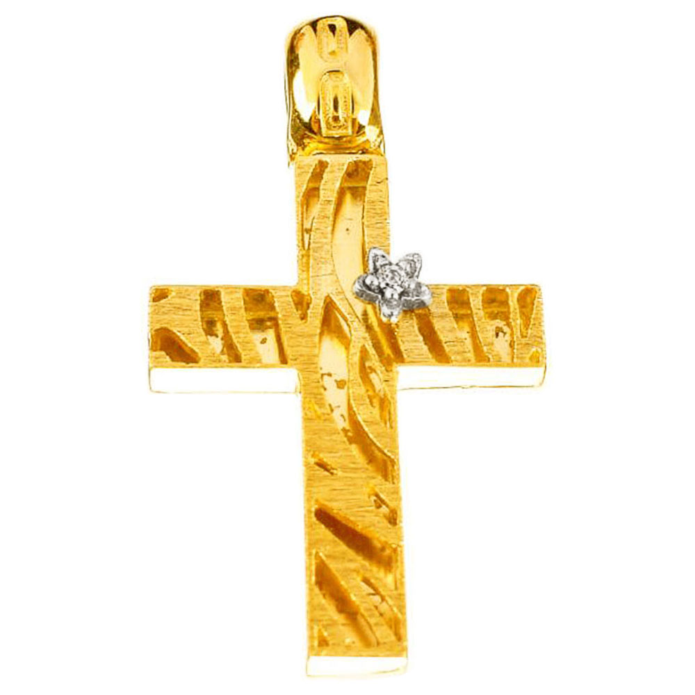 Σταυρός Κίτρινος Χρυσός με Ζιργκόν άσπρα χωρίς αλυσίδα κ14 DOUVIS κωδ ΣΤ0373