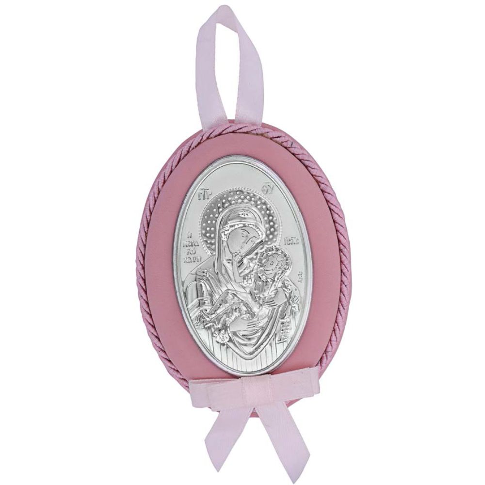 Διακοσμητικό κούνιας για Κορίτσι Παναγία Ασημένια σε Ροζ Δέρμα 8*11 Prince D510R