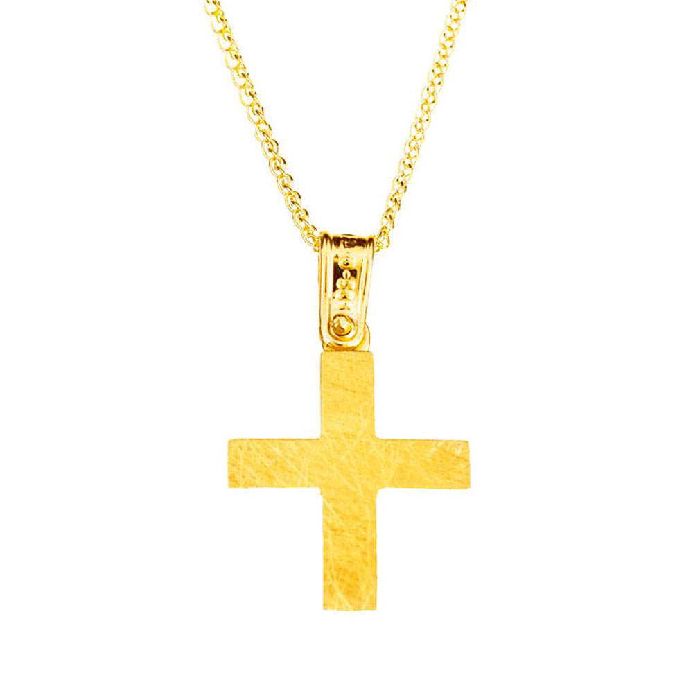 Σταυρός Ανδρικός Διπλής Όψεως Σαγρέ και Λουστρέ σε Κίτρινο Χρυσό κ14 με αλυσίδα ΣΤ2201 2.5*1.8mm