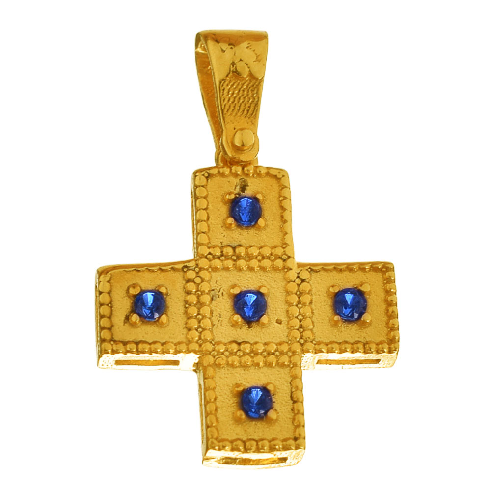 Σταυρός Γυναικείος σε Κίτρινο Χρυσό κ14 με μπλε zircon Βυζαντινός 2cm Gatsa 3028
