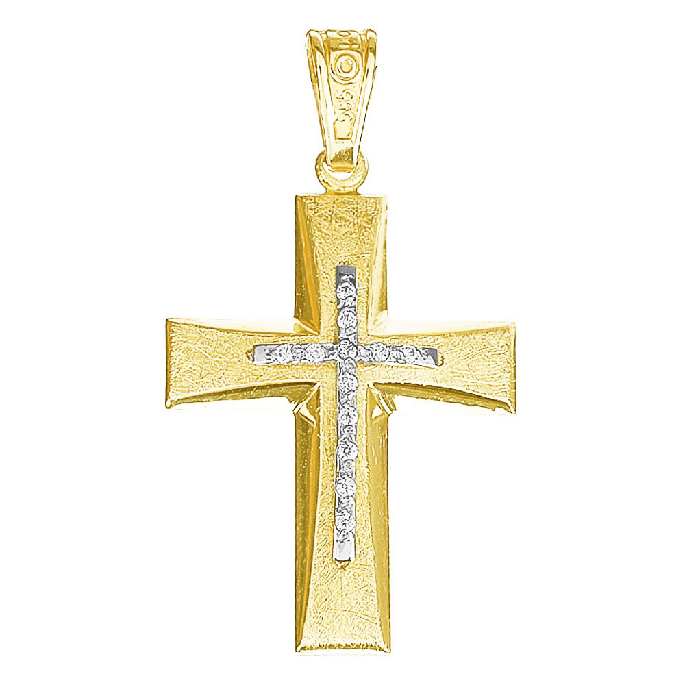 Σταυρός Γυναικείος σε Κίτρινο Χρυσό κ14 με zircon Σαγρέ επιφάνεια Gatsa 0495