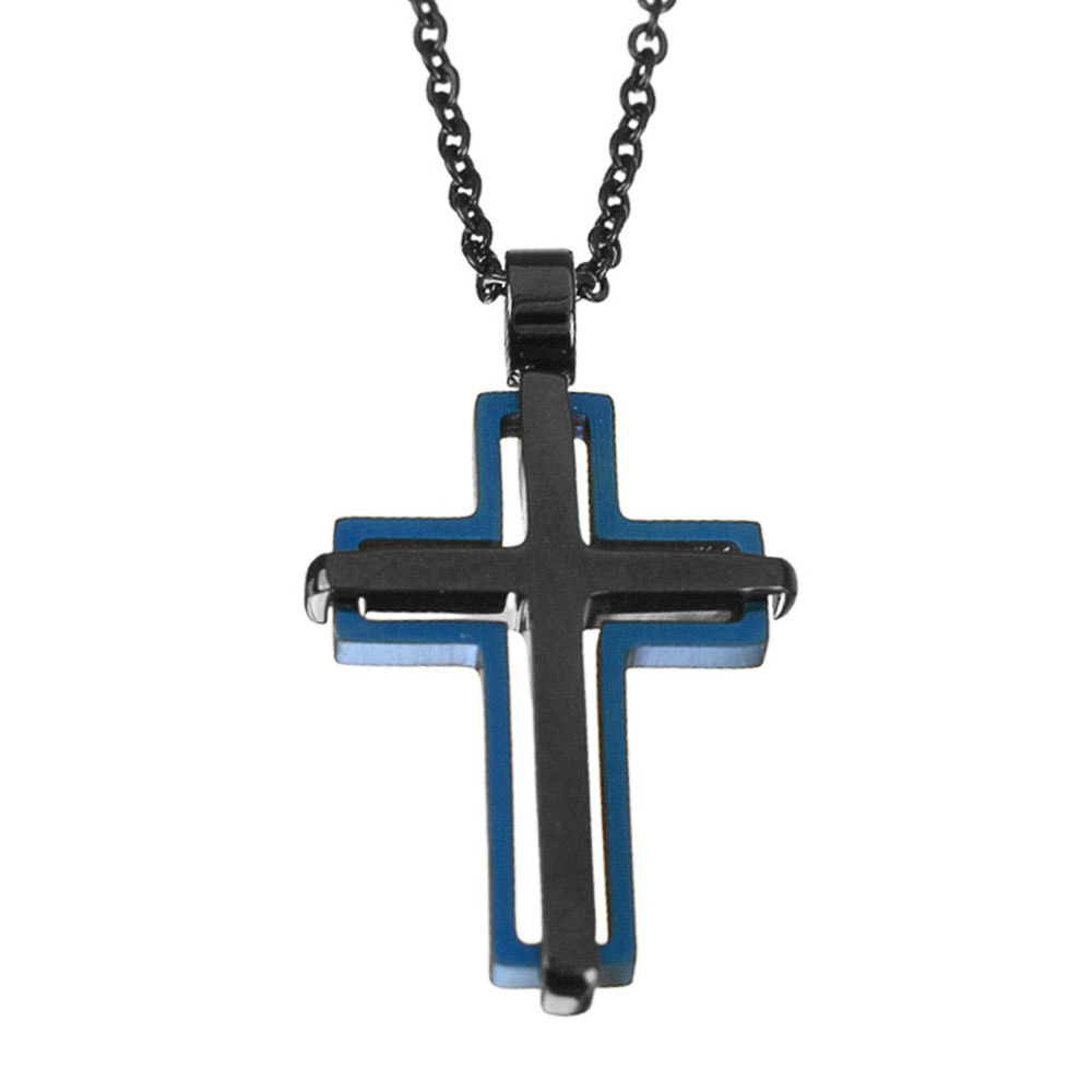 Σταυρός Ανδρικός με αλυσίδα 50cm Ατσάλι Μαύρο και Μπλε Visetti 21D-KD012BM