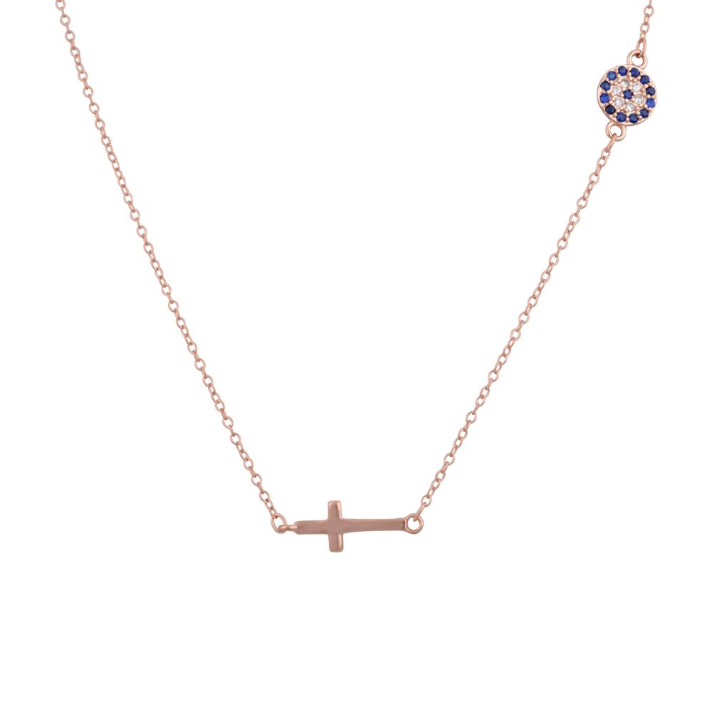 Κολιέ Γυναικείο ,Ροζ Επιχρύσωμα 925, με ματάκι και σταυρό, Slevori, ASK-0540.R