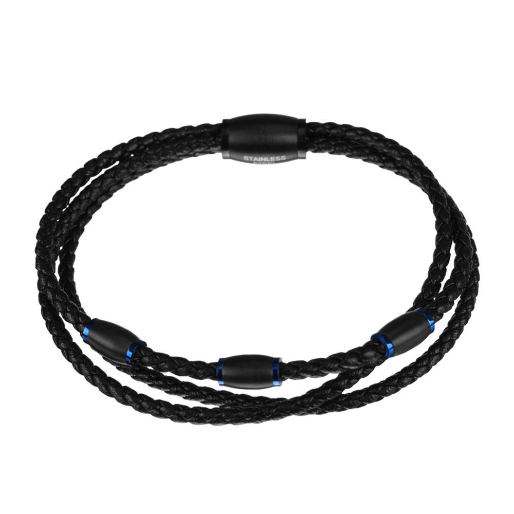 Βραχιόλι Ανδρικό Τριπλό Δέρμα Μαύρο με Ατσάλι Μαύρο-Μπλε Visetti 31C-BR109BB