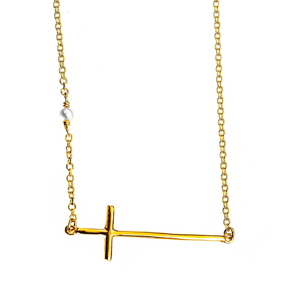 Βραχιόλι Γυναικείο Χρυσό με μαργαριτάρι και σταυρό κ14 GATSA κωδ ΒΡ00159