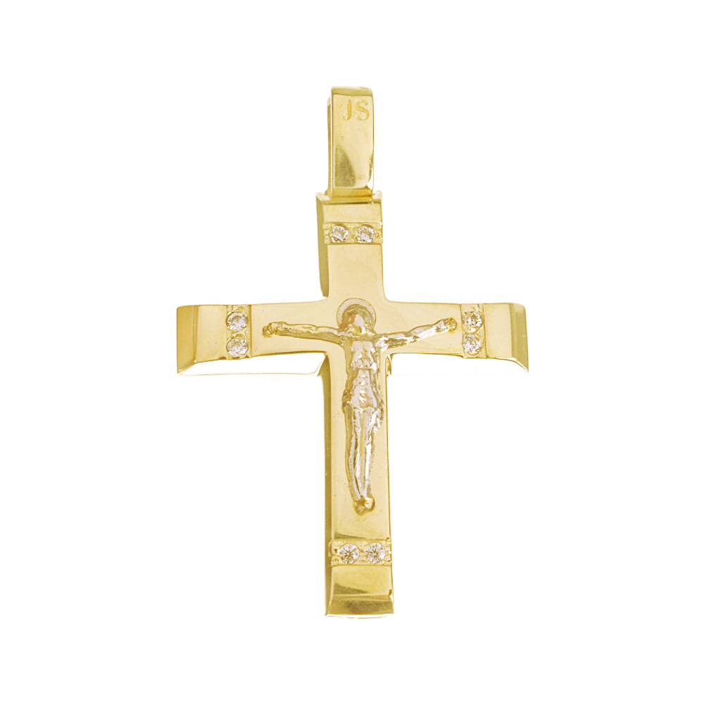 Σταυρός με Εσταυρωμένο και zircon σε Κίτρινο Χρυσό κ14 Gatsa 0983