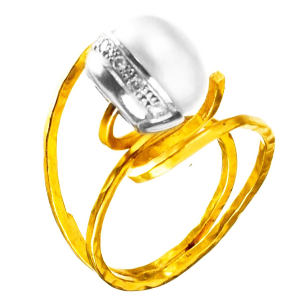 Δακτυλίδι Χειροποίητο Κίτρινο Χρυσό με μαργαριτάρι και διαμάντια Νο52 κ18 Gatsa κωδ ΔΑ1952