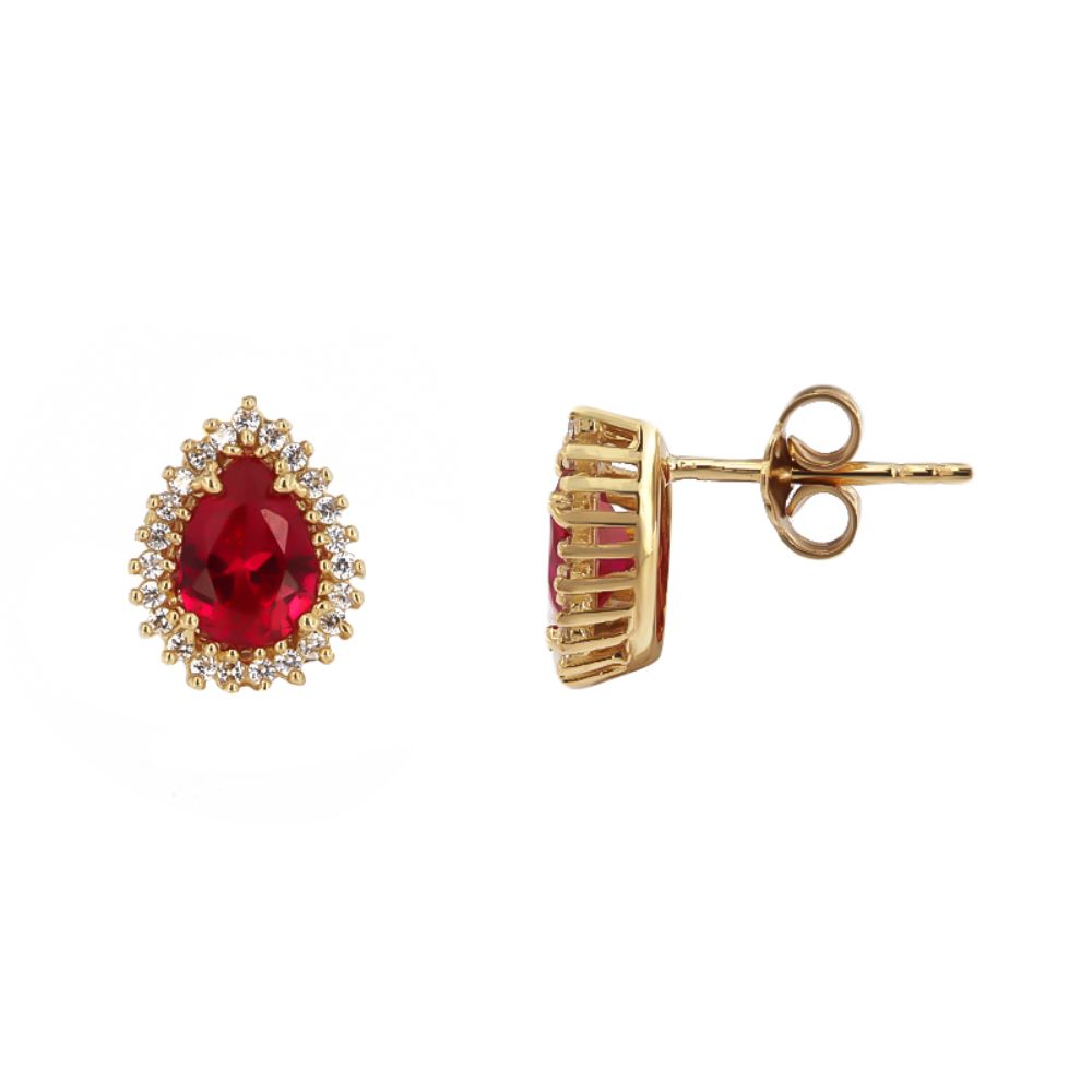 Σκουλαρίκια Ροζέτα Καρφωτά Χρυσά κ14 με κόκκινο zircon και άσπρα Gatsa SJ323