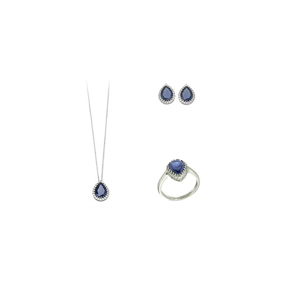 Σετ κολιέ, σκουλαρίκια και δαχτυλίδι Λευκόχρυσο με μπλε και άσπρες πέτρες 14Κ, GATSA, κωδ. SET1605
