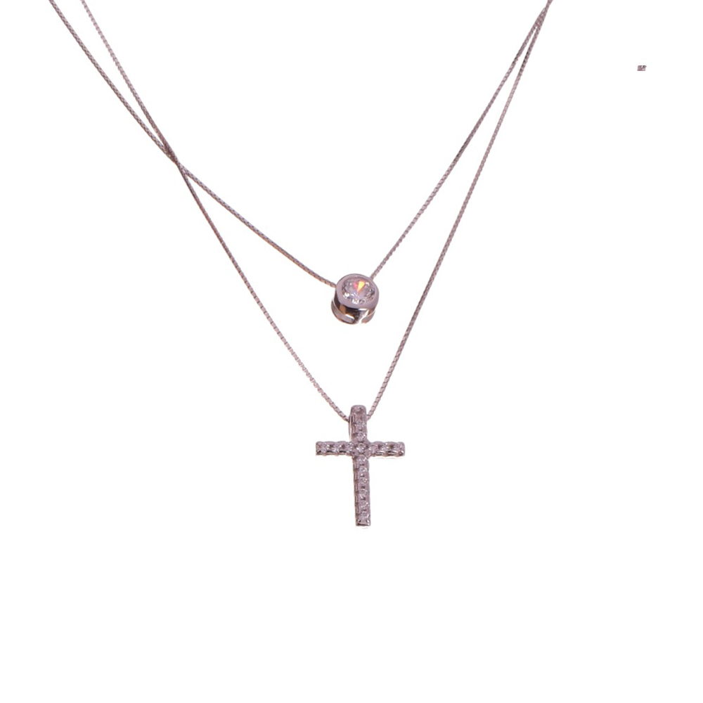Κολιέ διπλό ασημένιο 925 με σταυρό από zircon 42-45cm Silver Point 72911